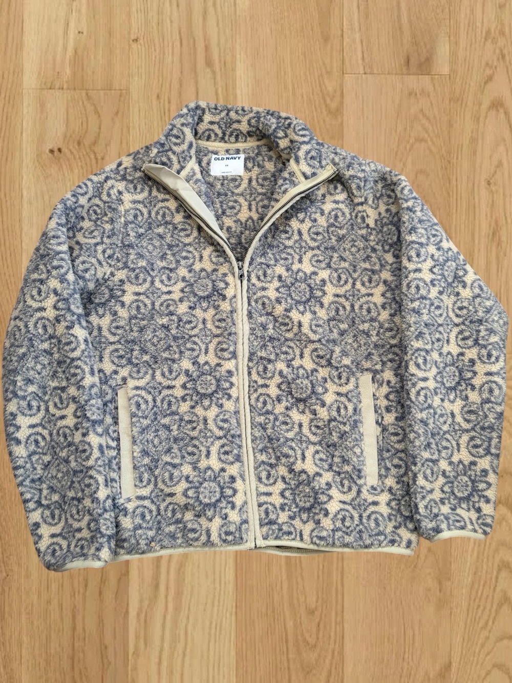 NWT Old Navy Sherpa Fleece Jacket Womens XS Blue Floral Full Zip Cozy